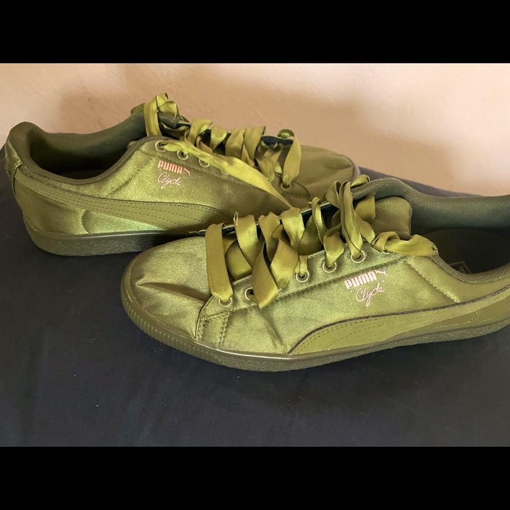 Olive green satin Puma Clyde’s
